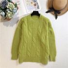 Round Neck Cable Knit Sweater Green - One Size