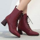 Genuine Leather Pointy Block Heel Short Boots