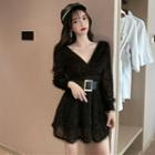 Long-sleeve V-neck Mini A-line Fluffy Glitter Dress