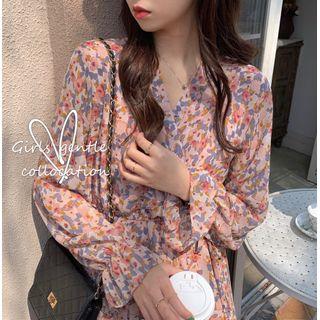 Flower Print Long-sleeve Midi A-line Dress Flower - White - One Size