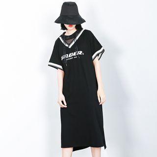 Short-sleeve Mock Two-piece Hooded Midi Dress