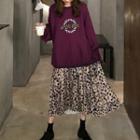 Printed Pullover / Leopard Midi A-line Skirt