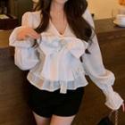 Faux Pearl Ruffled Blouse White - One Size