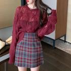 Pointelle Knit Sweater / Plaid Mini A-line Skirt