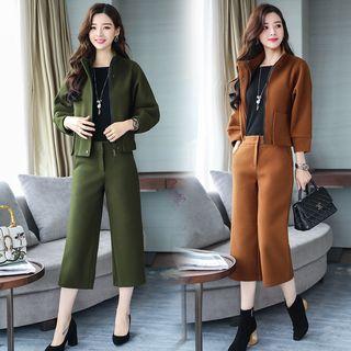 Set: Pocketed Zip Jacket + Cropped Wide-leg Pants