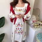 Flower Embroidered Lantern-sleeve A-line Midi Dress