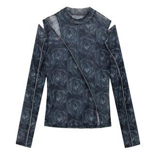 Long-sleeve Cutout Floral Print Mesh Top