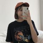 Elbow-sleeve Rocket Print T-shirt Black - One Size