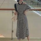 Short-sleeve Striped Cutout Midi Dress