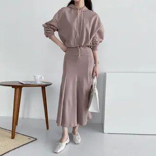 Set: Drop-shoulder Hoodie + Deep-slit Long Mermaid Skirt