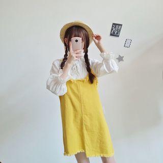 3/4-sleeve Blouse / Asymmetric Denim Pinafore Dress