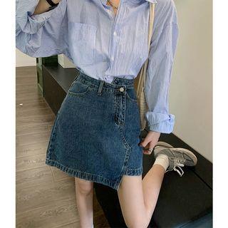 High-waist A-line Asymmetrical Denim Mini Skirt