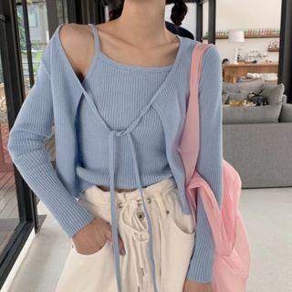 Ribbed Knit Camisole Top / Tie-front Cardigan
