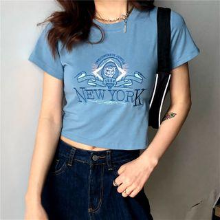 Short-sleeve Print Cropped T-shirt Blue - One Size