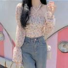 Puff Sleeve Halter Floral Crop Blouse Pink Floral - Almond - One Size