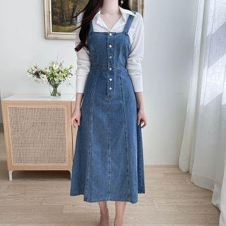 Flared Long Overall Denim Dress