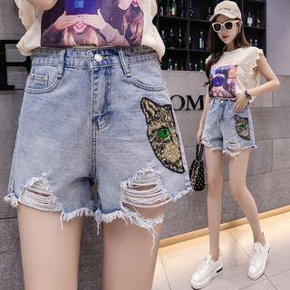 Sequined Cat Ripped Denim Shorts