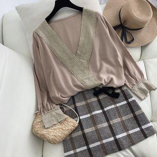 V-neck Lace Panel Chiffon Blouse