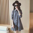 Striped Pleated Panel Long-sleeve Shirtdress