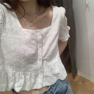 Short-sleeve Eyelet Lace Blouse / Mini Overall Dress