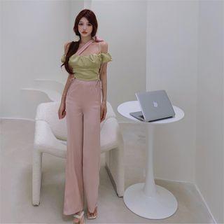 Off Shoulder Two Tone Drawstring Cropped Blouse