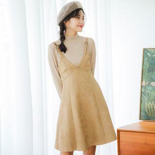 Set: Long-sleeve Mock Neck Striped T-shirt + Spaghetti Strap A-line Dress