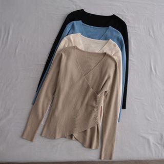 Long-sleeve Plain Wrap Knit Top