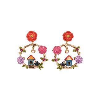 Fashion And Elegant Plated Gold Enamel Flower House Bird Earrings With Cubic Zirconia And Imitation Pearls Golden - One Size