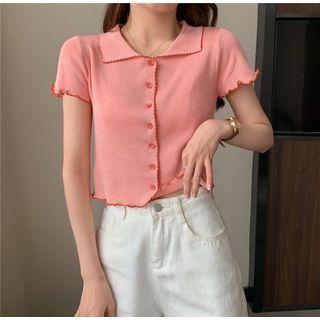 Polo-neck Ruffled Knit Top