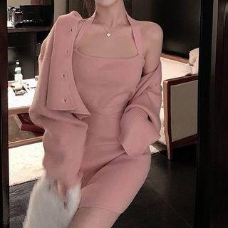 Plain Cropped Cardigan / Plain Slim Fit Knit Camisole Dress
