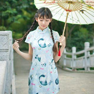 Cat Print Short Sleeve Qipao