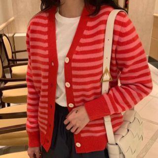 Striped Buttoned Knit Cardigan Stripe - One Size