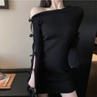 One-shoulder Lace-up Long-sleeve Mini Sheath Dress Black - One Size