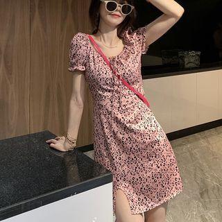 Puff-sleeve Leopard Printed Slim Fit Dress