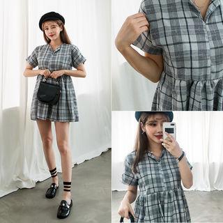 Open-placket Checked Minidress