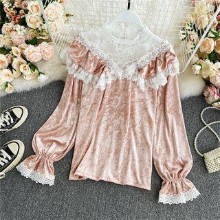 Semi Turtle-neck Velvet Lace Long-sleeve Shirt