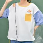 Contrast Color Elbow-sleeve Pocket T-shirt