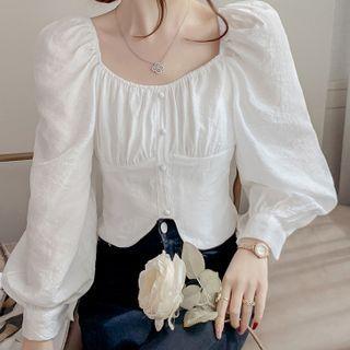 Puff-sleeve V-neck Asymmetrical Hem Cropped Top