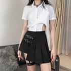 Short-sleeve Asymmetrical Buckled Crop Shirt / Buckled Mini A-line Skirt