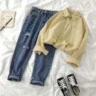 Long-sleeve Plaid Shirt / Ripped Straight-cut Jeans