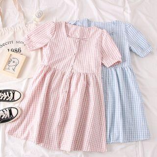 Square-neck Checked Mini Dress