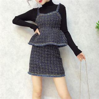 Set: Spaghetti Strap Tweed Peplum Top + Tweed Skirt