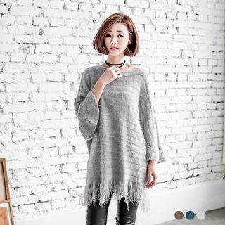 Fringed 3/4-sleeve Long Knit Top