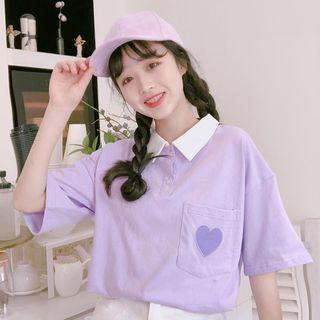Heart Embroidered Short-sleeve Polo Shirt