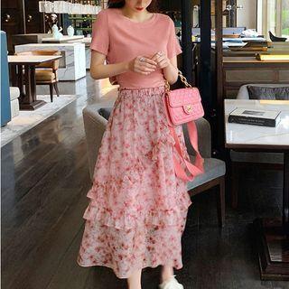 Set: Short-sleeve Plain T-shirt + Flower Print Midi A-line Skirt