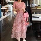 Set: Short-sleeve Plain T-shirt + Flower Print Midi A-line Skirt
