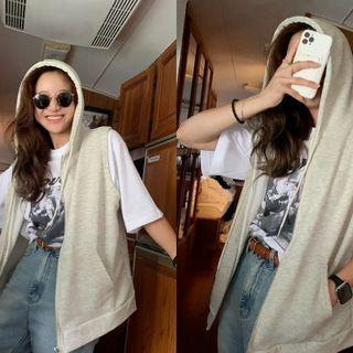 Sleeveless Zip-up Hoodie Oatmeal - One Size
