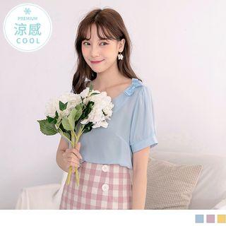 Bow-accent V-neck Chiffon Top