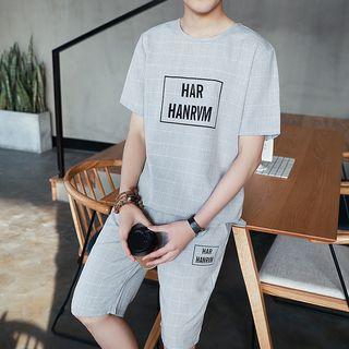Set: Lettering Windowpane Short-sleeve T-shirt + Shorts
