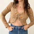 Long Sleeve Floral Embroidery Ruffled Tie-front Crop Top